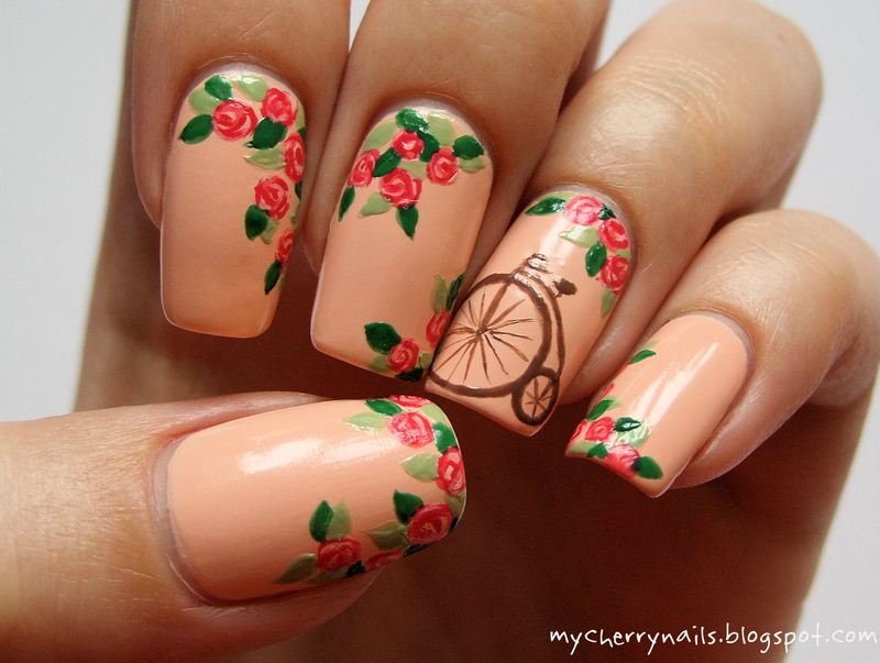 Bicycle & roses nail art by Pauline Nailpolis Museum of Nail Art