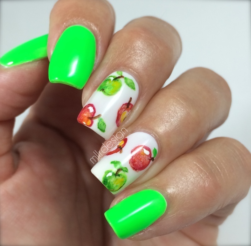 Neon green with watercolor apples nail art by Maja Sevelius Nailpolis